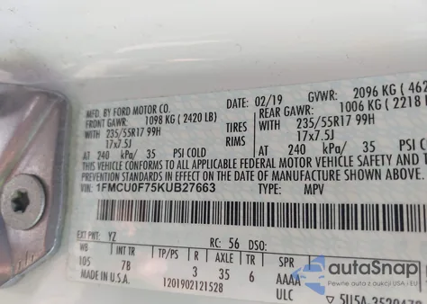 2019 Ford Escape S from USA, damaged, VIN 1FMCU0F75KUB27663